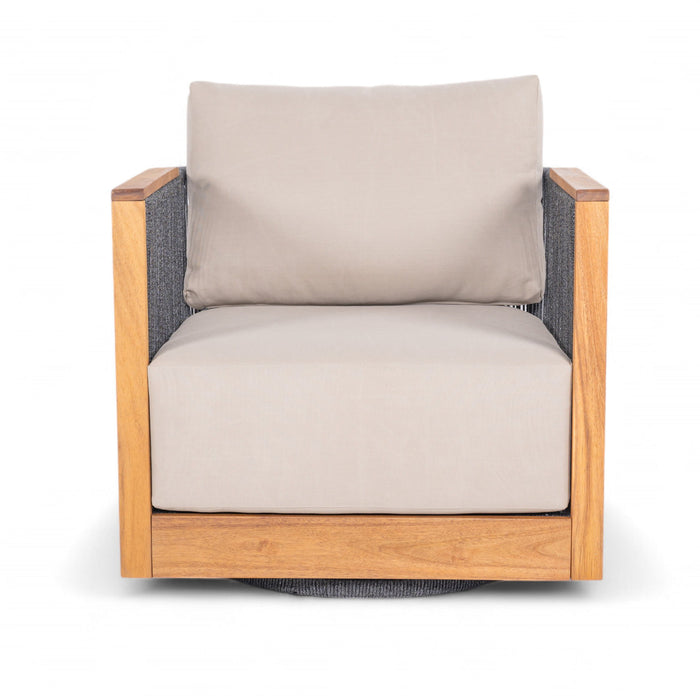 Veranda - Wicker & Wood Swivel Patio Club Chair With Cushions - Natural / Gray / Brown