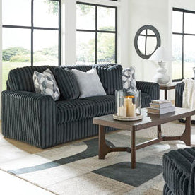 Living room with dark gray sofas, a coffee table, and decorative items.