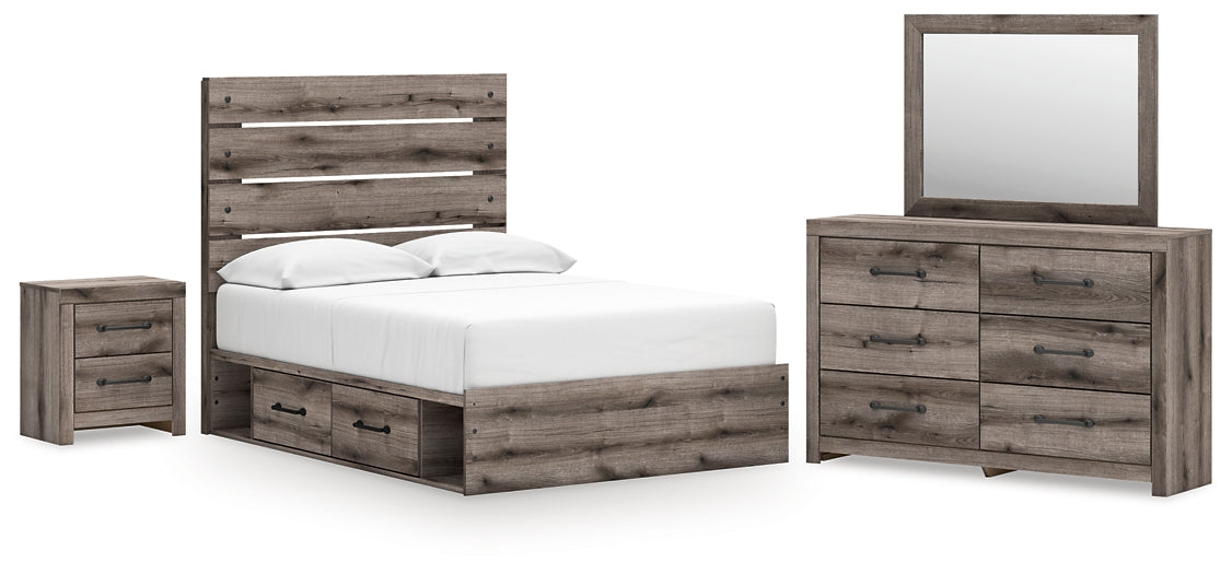 Graystorm Full Panel Bed with Storage, Dresser, Mirror and Nightstand