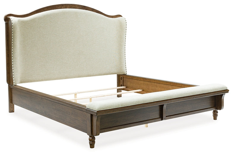 Sturlayne King Upholstered Panel Bed, Dresser, Mirror and Nightstand