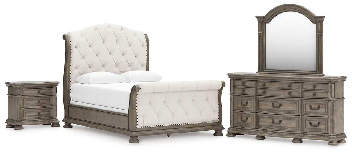 Ardenfield Queen Upholstered Sleigh Bed, Dresser, Mirror and Nightstand