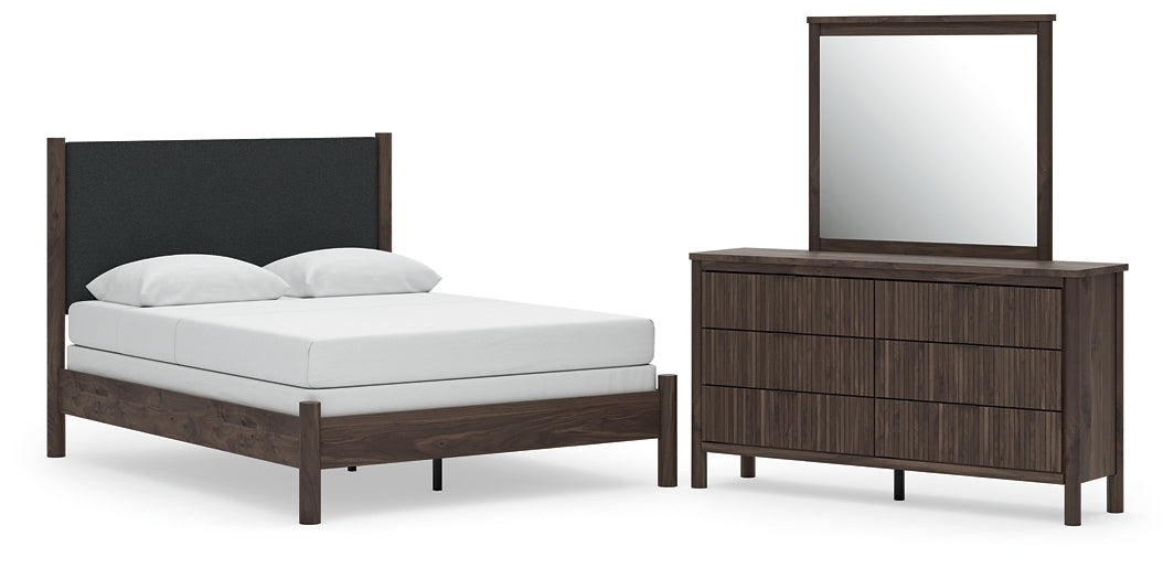 Pamytta Queen Upholstered Panel Bed, Dresser and Mirror