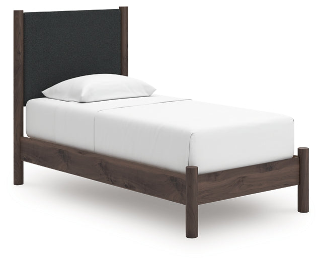 Pamytta Twin Upholstered Panel Platform Bed, Dresser, Mirror and Nightstand