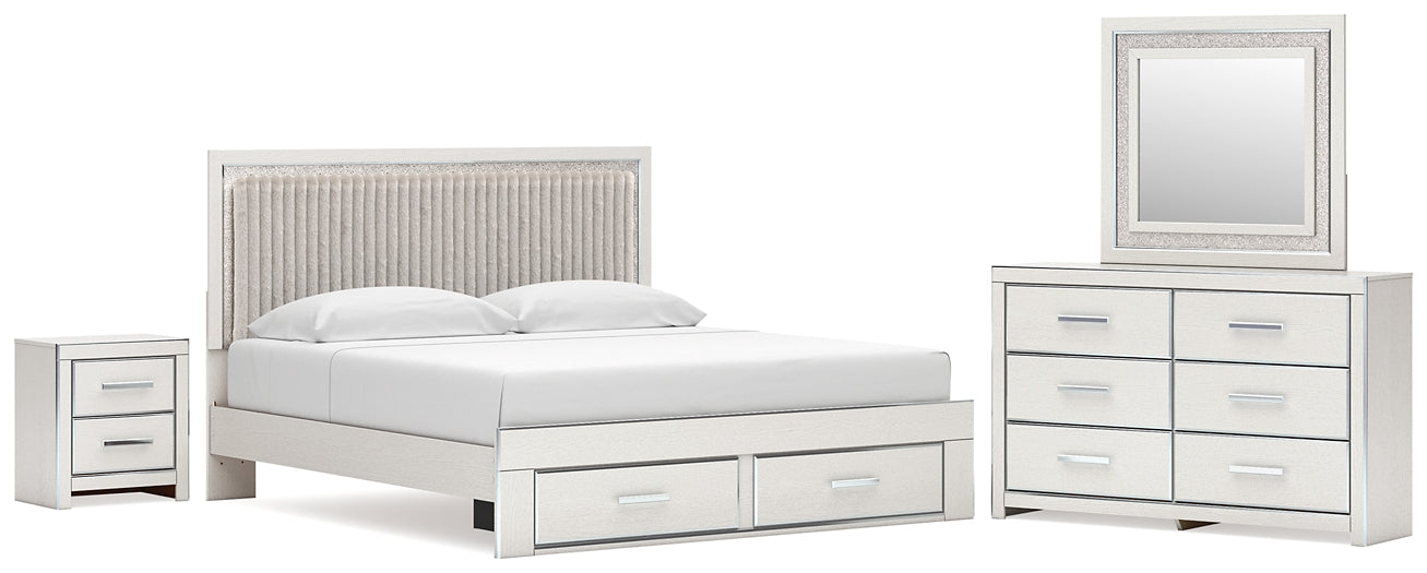 Zuraleus King Upholstered Panel Platform Storage Bed, Dresser, Mirror and Nightstand