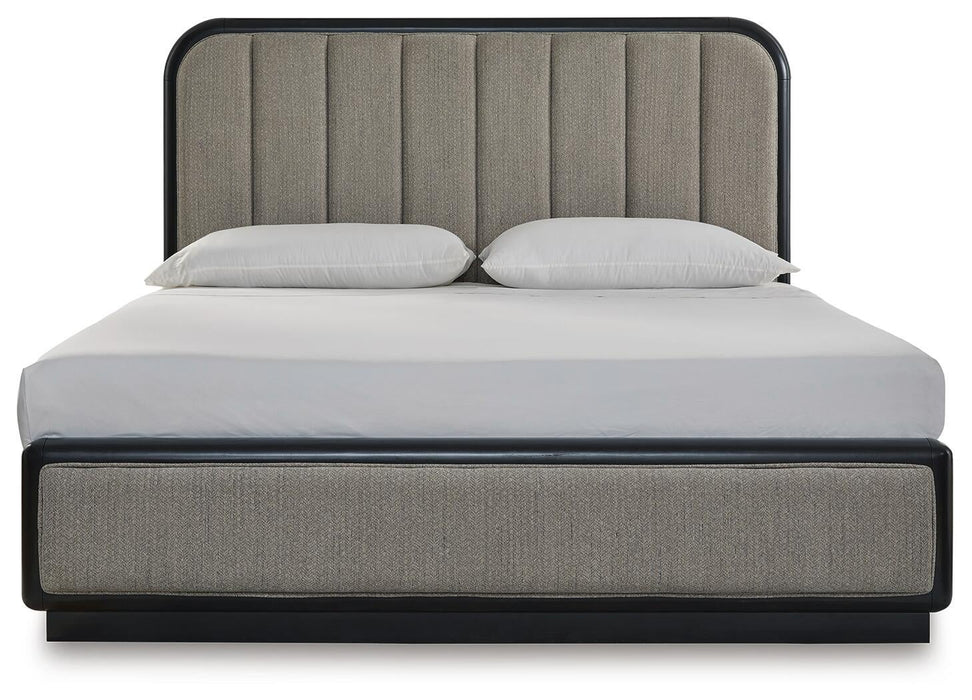 Rowanbeck King Upholstered Panel Bed, Dresser, Mirror and Nightstand