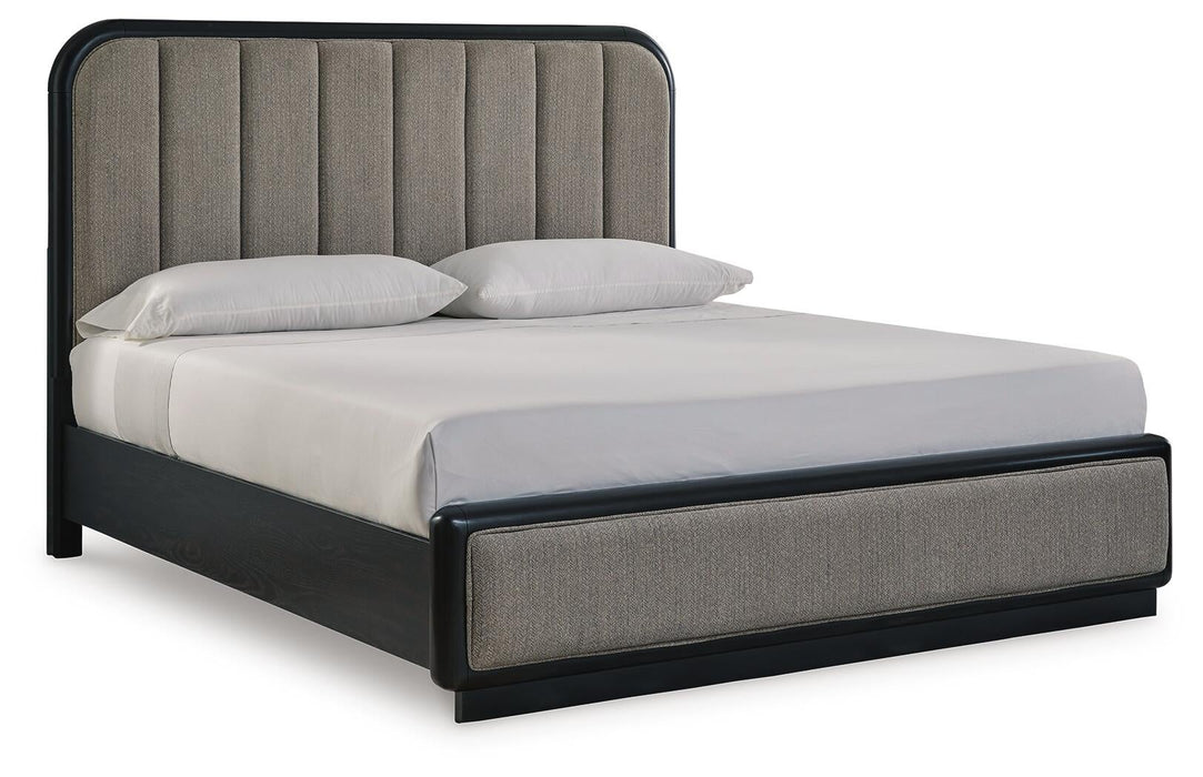Rowanbeck King Upholstered Panel Bed, Dresser, Mirror and Nightstand