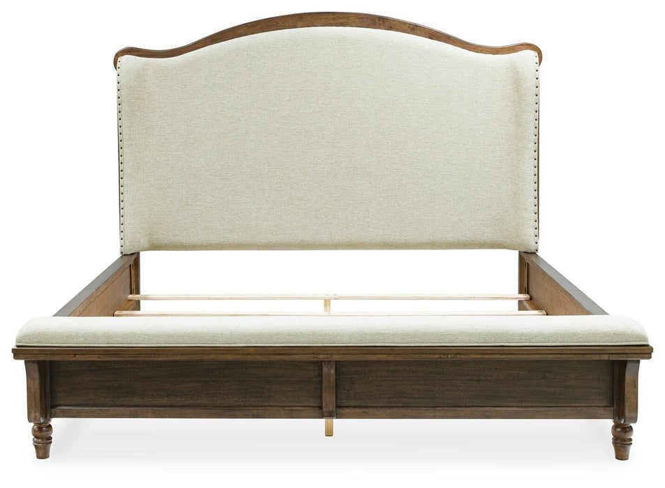 Sturlayne California King Upholstered Panel Bed, Dresser and Mirror