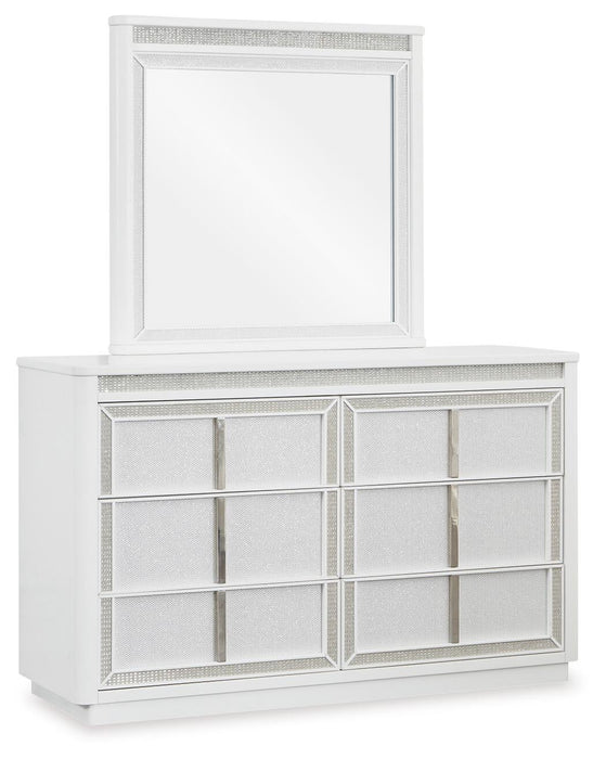 Chalanna California King Upholstered Storage Bed, Dresser, Mirror and Nightstand