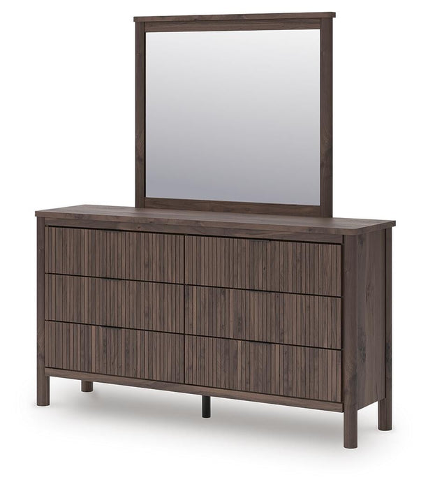 Pamytta Full Upholstered Panel Platform Bed, Dresser and Mirror