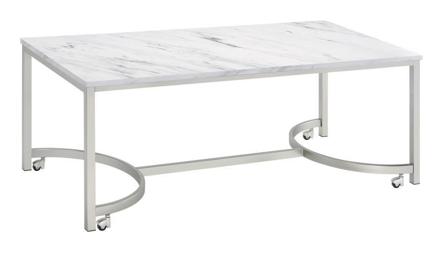 Leona - Coffee Table With Casters - White and Satin Nickel
